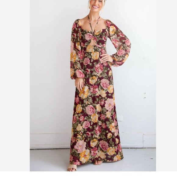 En Crème Floral Maxi Dress Boho Cutout Halter Long Sleeve Burgundy Yellow NWT M - Picture 4 of 12